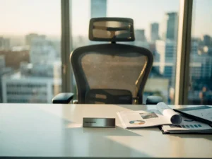 Leeg kantoorstoel aan modern bureau met marketingstrategie-documenten, naamplaatje en stadsgezicht door groot raam in gouden licht.