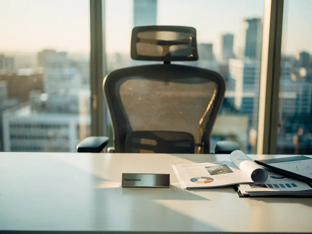 Leeg kantoorstoel aan modern bureau met marketingstrategie-documenten, naamplaatje en stadsgezicht door groot raam in gouden licht.