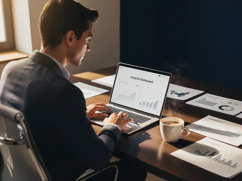 Professional analyseert campagneprestaties op laptop aan modern bureau met koffie en analytische rapporten in warm licht.