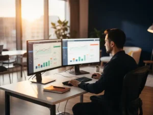 Marketingprofessional bekijkt advertentieprestaties op dual-monitor setup met campagnedashboards in modern kantoor met warm middaglicht.