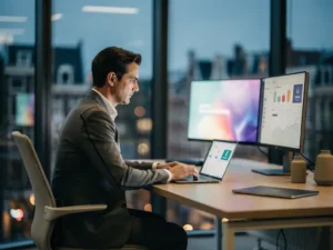 Zakelijke manager analyseert campagneprestaties op laptop in modern Amsterdams kantoor met glazen wanden en stadslicht.