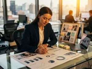 Marketingprofessional in maatpak blazer bestudeert campagnerapport op glazen bureau in modern kantoor met vloer-tot-plafondvensters.