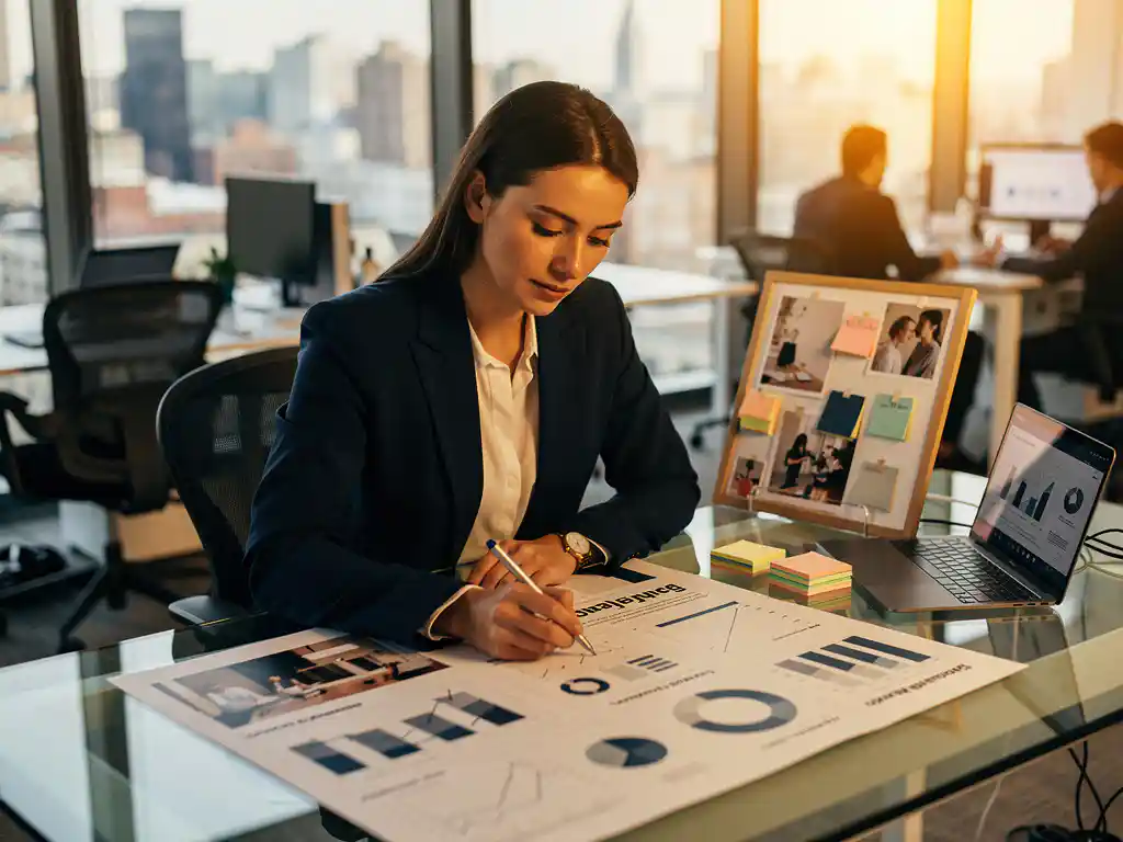 Marketingprofessional in maatpak blazer bestudeert campagnerapport op glazen bureau in modern kantoor met vloer-tot-plafondvensters.