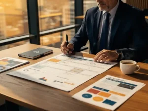 Professional die een contentkalender bestudeert aan een eikenhouten bureau met koffie en strategiedocumenten, warm goudkleurig kantoorlicht.