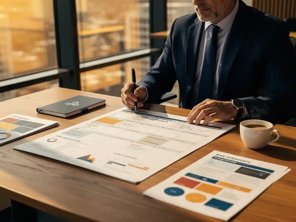 Professional die een contentkalender bestudeert aan een eikenhouten bureau met koffie en strategiedocumenten, warm goudkleurig kantoorlicht.