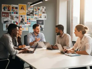 Vijf marketingprofessionals overleggen rond een witte vergadertafel met laptops, campagnevisuals op moodboard aan de muur, natuurlijk licht.