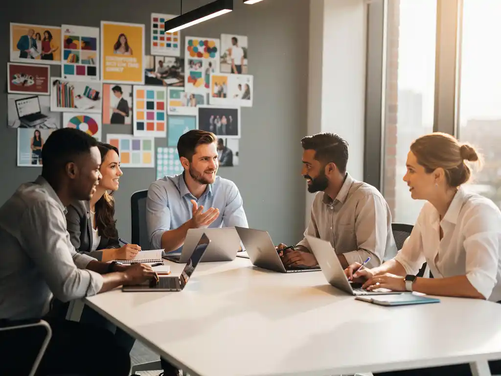 Vijf marketingprofessionals overleggen rond een witte vergadertafel met laptops, campagnevisuals op moodboard aan de muur, natuurlijk licht.