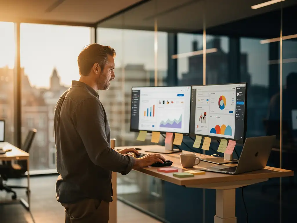 Digitale marketingmanager bij staand bureau met twee monitoren waarop e-commerce dashboards, plaknotities en koffie, Amsterdams kantoor met grote ramen.