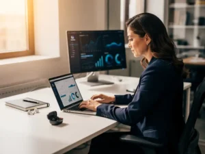 Marketingprofessional in blazer analyseert campagneprestaties op laptop aan modern bureau met zachte natuurlijke belichting.