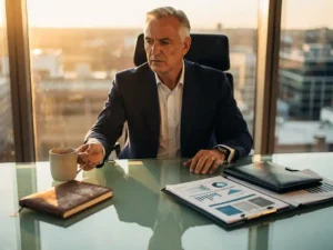 Ervaren executive in maatpak aan glazen bureau in modern Amsterdams kantoor, vervangt notitieboek door salesrapporten in middaglicht.