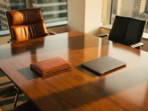 Gepolijste eiken vergadertafel met lederen stoelen op verschillende afstanden, leren portfolio en laptop in middaglicht.
