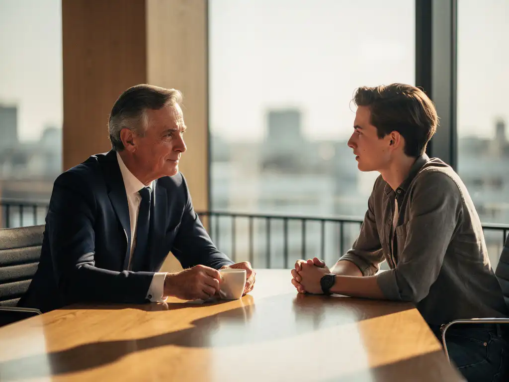Ervaren professional in maatpak in gesprek met jongere collega aan vergadertafel, modern Amsterdams kantoor met grote ramen en warm middaglicht.