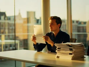 Hiring manager houdt een cv omhoog in warm middaglicht, stapel sollicitaties op modern bureau, glazen kantoor Amsterdam op de achtergrond.