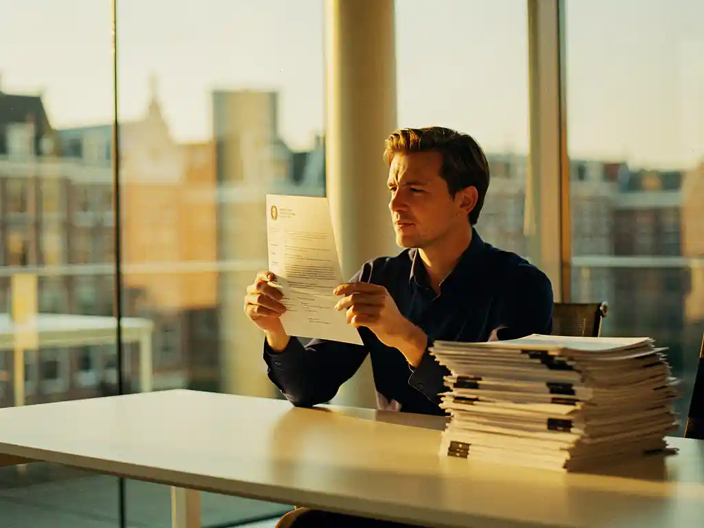 Hiring manager houdt een cv omhoog in warm middaglicht, stapel sollicitaties op modern bureau, glazen kantoor Amsterdam op de achtergrond.