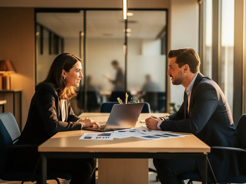 In-house professional en externe consultant bespreken documenten aan bureau in modern Amsterdam kantoor met glazen wanden.
