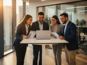 Vier diverse professionals bekijken samen kandidaatprofielen op laptop bij een staand bureau in een licht modern kantoor.