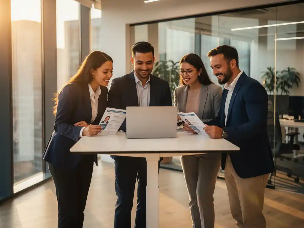 Vier diverse professionals bekijken samen kandidaatprofielen op laptop bij een staand bureau in een licht modern kantoor.