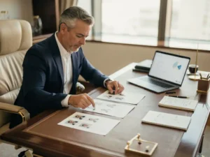 Recruiter bekijkt kandidatenprofielen op een lederen bureau met laptop en notitieboek in een licht kantoor.