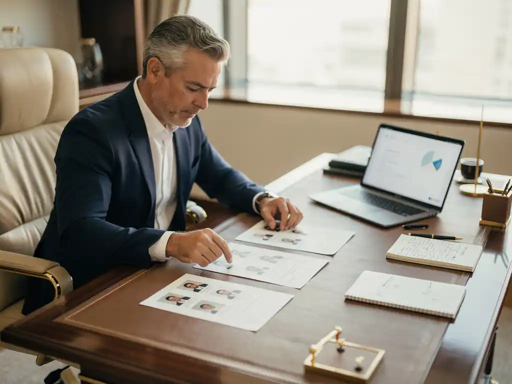 Recruiter bekijkt kandidatenprofielen op een lederen bureau met laptop en notitieboek in een licht kantoor.
