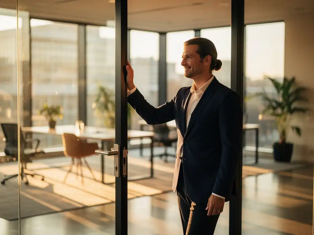 Professional in maatpak staand in deuropening van glazen hoekkantoor, Amsterdam-stijl werkruimte op de achtergrond, warm middaglicht.