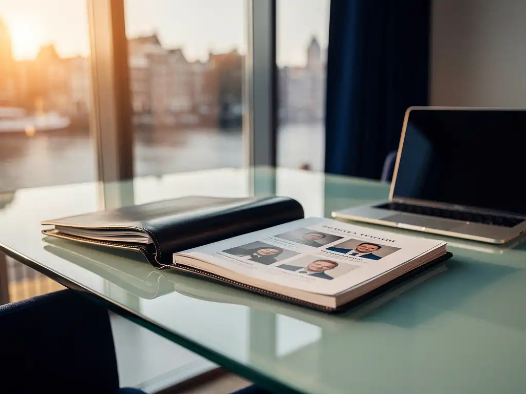 Opengeslagen leren portfolio op glazen bureau in modern Amsterdams kantoor, naast kandidatenprofielen en laptop in warm middaglicht.