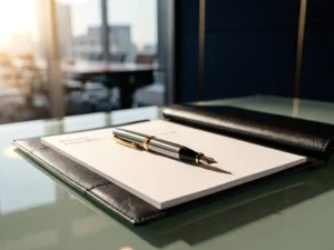 Opengeslagen leren portfolio op glazen bureau met gouden vulpen, onscherpe boardroom op achtergrond, zakelijke sfeer.