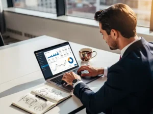 Professional analyseert marketingcampagnes op laptop met analytics dashboards, notitieboek en koffie in warm natuurlijk licht.