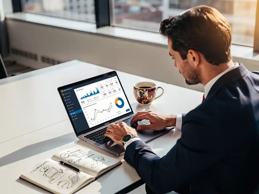 Professional analyseert marketingcampagnes op laptop met analytics dashboards, notitieboek en koffie in warm natuurlijk licht.