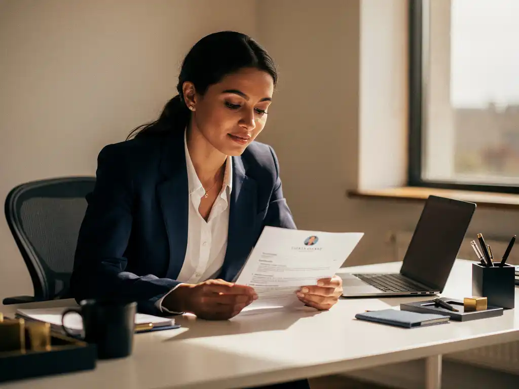 Marketingprofessional bekijkt cv aan modern bureau met laptop en brandingmaterialen in kantoor met warme gouden tinten.