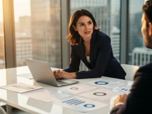 Professional in blazer bespreekt campagnerapportages op laptop aan modern bureau, kantoor met vloer-tot-plafondvensters.