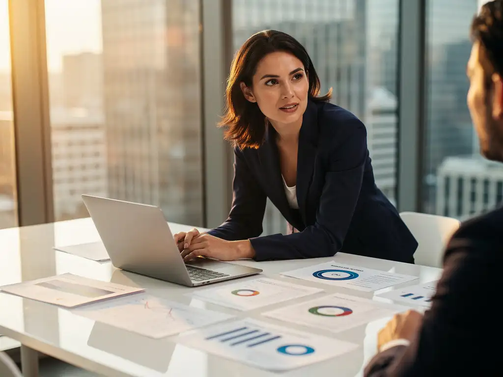 Professional in blazer bespreekt campagnerapportages op laptop aan modern bureau, kantoor met vloer-tot-plafondvensters.