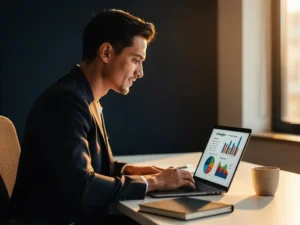 Professional in blazer analyseert campagnedata op laptop aan modern bureau, warm amberkleurig licht.