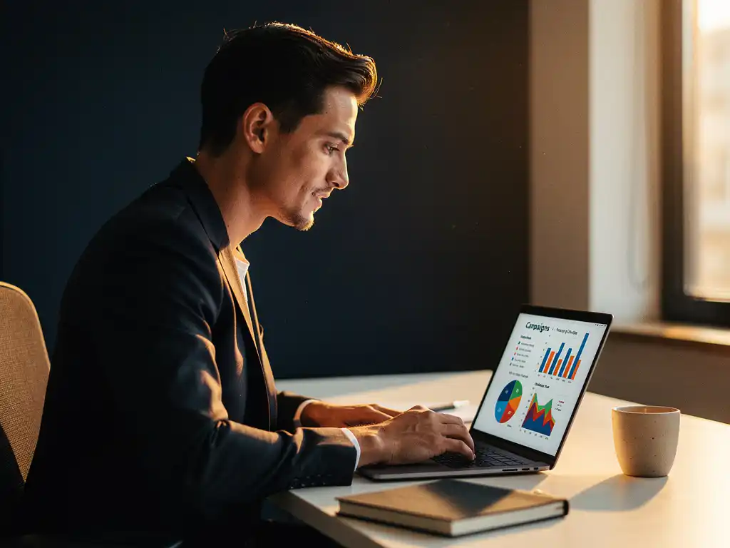 Professional in blazer analyseert campagnedata op laptop aan modern bureau, warm amberkleurig licht.