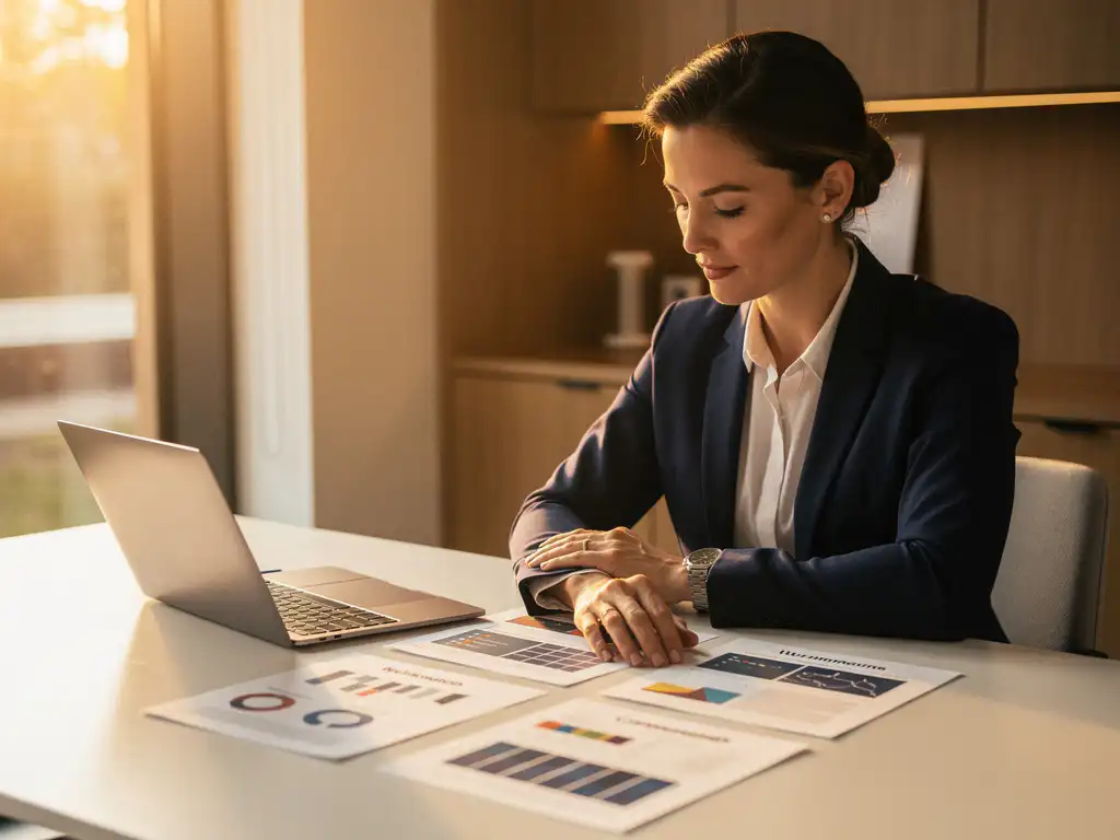 Marketingconsultant in blazer bestudeert campagneplan op modern bureau met laptop, gouden licht door hoge ramen in Amsterdams kantoor.