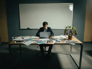 Jonge marketingmanager aan een groot bureau bezaaid met campagnebriefings, leeg whiteboard en verwelkte plant op de achtergrond.