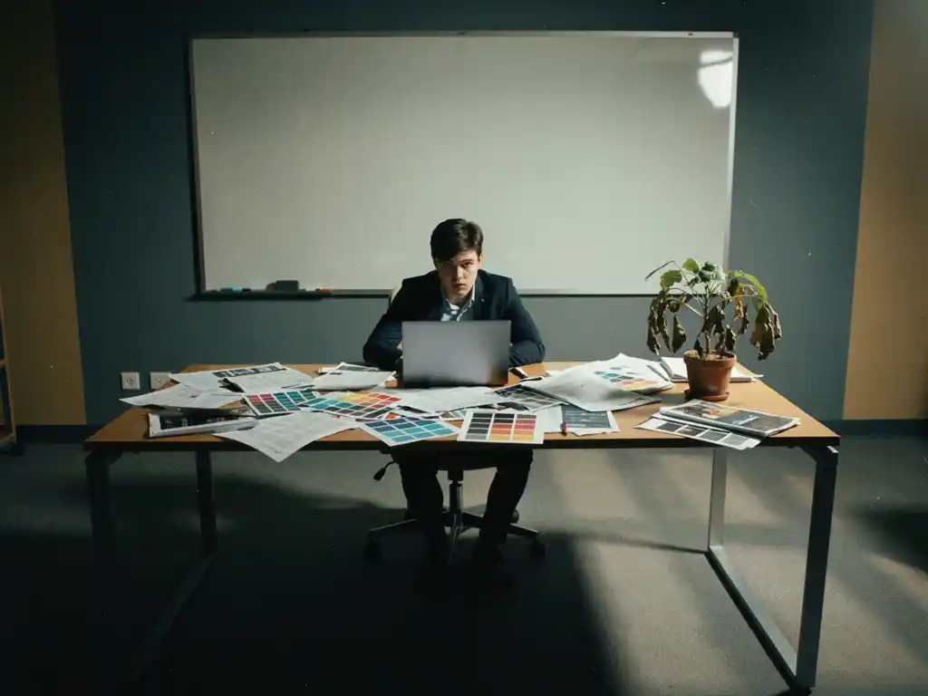 Jonge marketingmanager aan een groot bureau bezaaid met campagnebriefings, leeg whiteboard en verwelkte plant op de achtergrond.