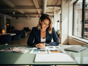 Professional in maatpak blazer bekijkt strategisch campagneoverzicht op glazen bureau in modern Amsterdams kantoor.