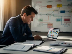Professional aan modern bureau met strategie­documenten, laptop met campagne­analyses en kleurgecodeerde kanaalkaart op whiteboard.