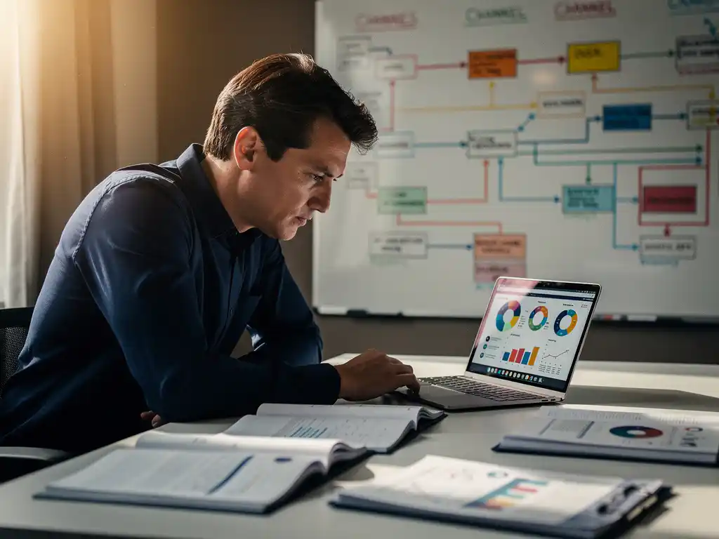 Professional aan modern bureau met strategie­documenten, laptop met campagne­analyses en kleurgecodeerde kanaalkaart op whiteboard.