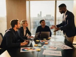 Divers marketingteam van vier professionals rond een vergadertafel met laptops en campagne-analyses in een Amsterdams kantoor met grote ramen.