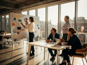 Vier marketingprofessionals brainstormen rond een whiteboard vol campagneschetsen in een modern Amsterdams kantoor met groot raampartij.