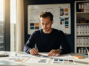 Marketingprofessional bestudeert merkstrategie documenten aan modern bureau met whiteboards en campagnemateriaal op de achtergrond.