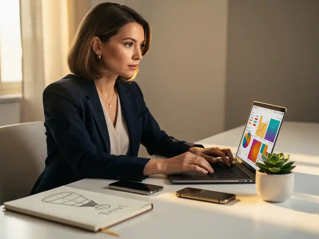 Vrouw analyseert multichannel marketingdashboard op laptop aan minimalistisch bureau met notitieboek en smartphone.