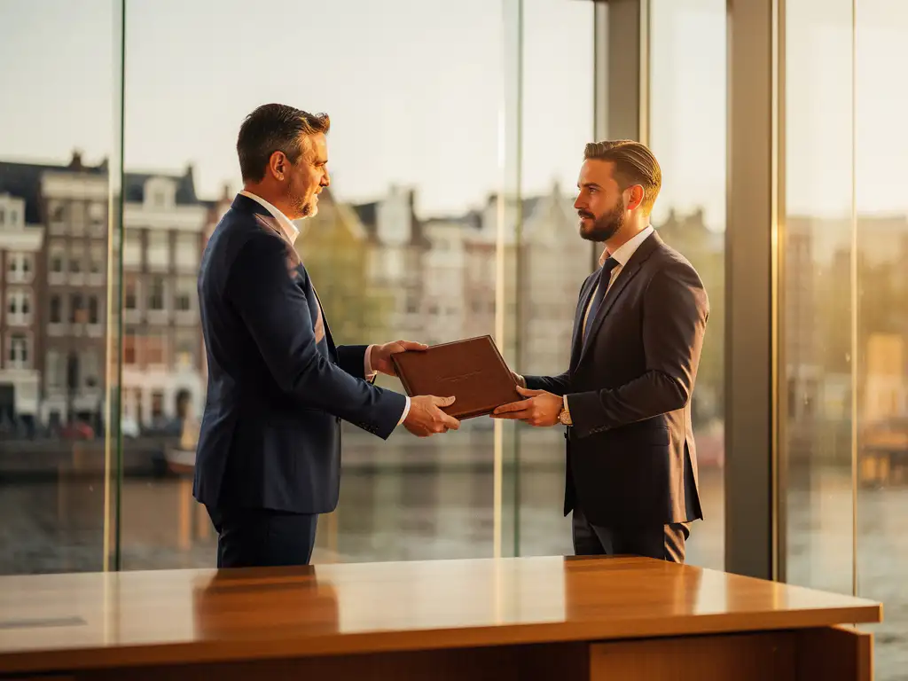 Oprichter overhandigt leren klantportfolio aan executive in modern Amsterdams kantoor met glazen wanden en skyline op de achtergrond.