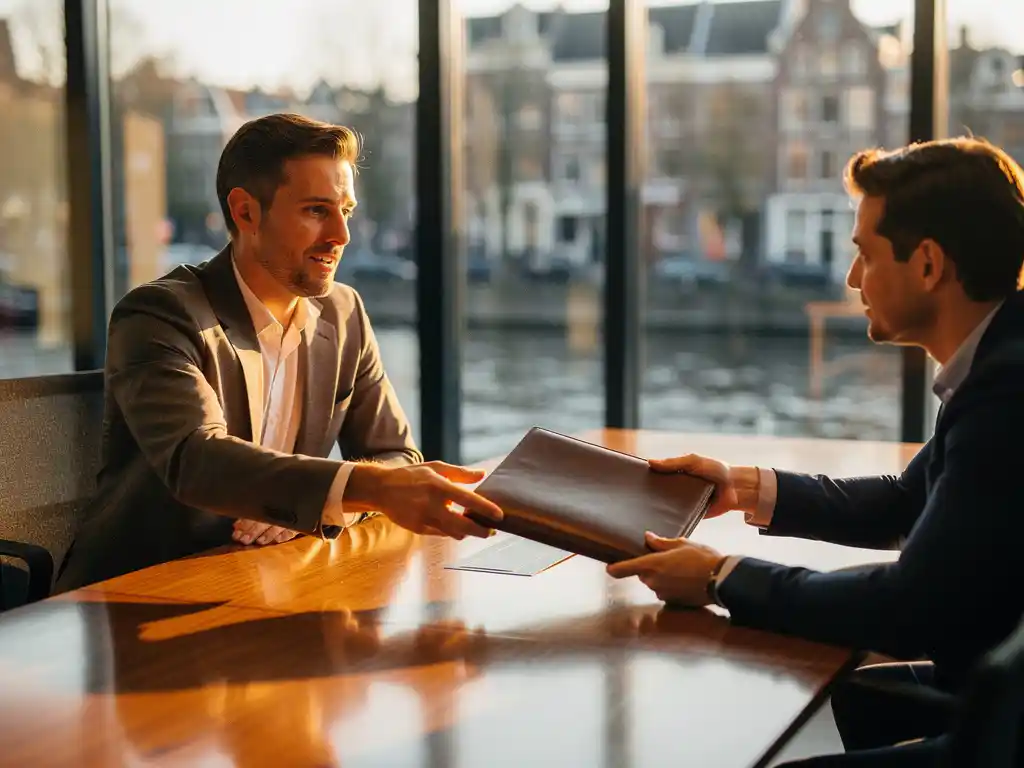 Oprichter in blazer schuift leren portfolio over vergadertafel naar nieuwe salesmedewerker, modern Amsterdams kantoor met vloer-tot-plafondvensters.