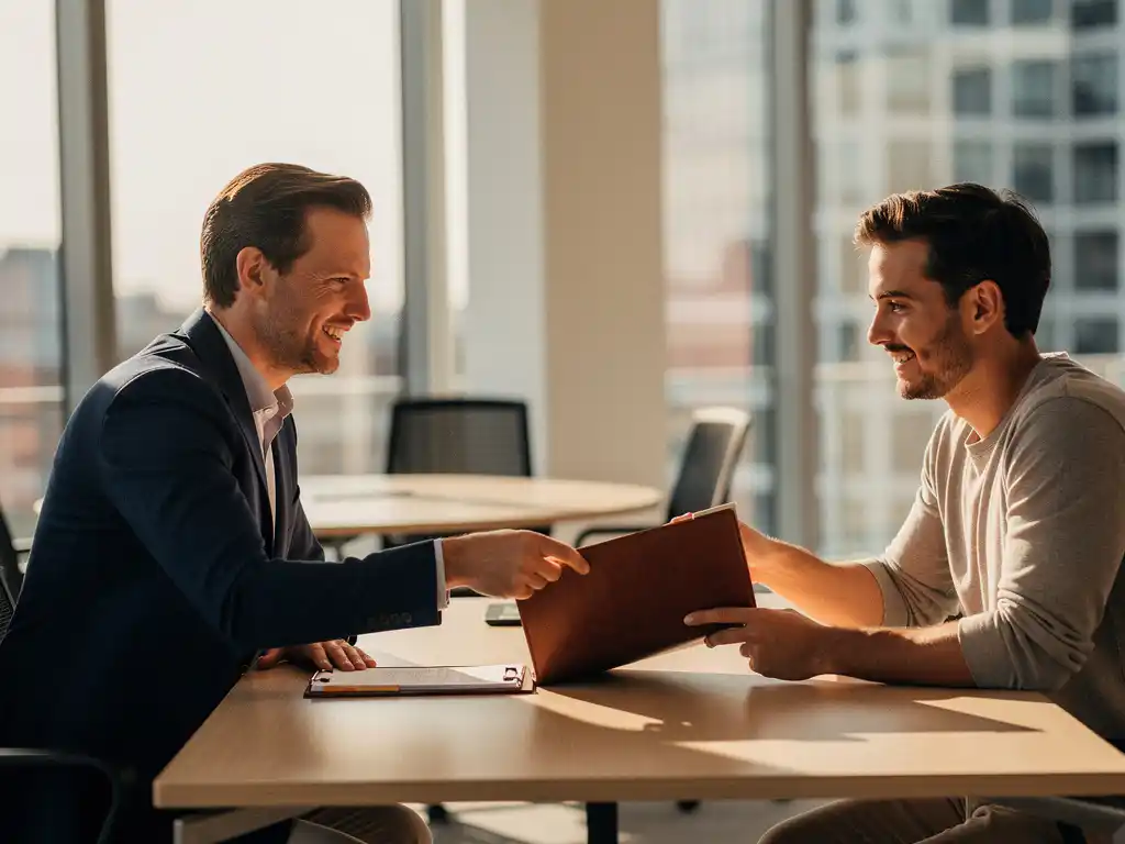 Oprichter overhandigt leren portfolio aan nieuwe salesmedewerker bij minimalistisch bureau in licht kantoor.