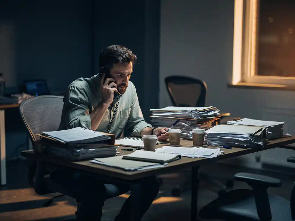 Uitgeputte oprichter aan rommelig bureau met stapels verkoopmap­pen, telefoon aan oor, lege koffiekopjes, ongebruikte bureaustoel op achtergrond.