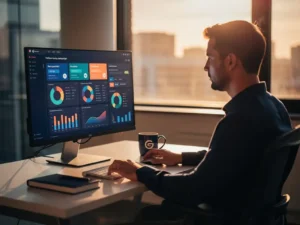 Performancemarketer werkt geconcentreerd aan bureau met campagne-dashboards op monitor, gouden avondlicht door kantoorraam.