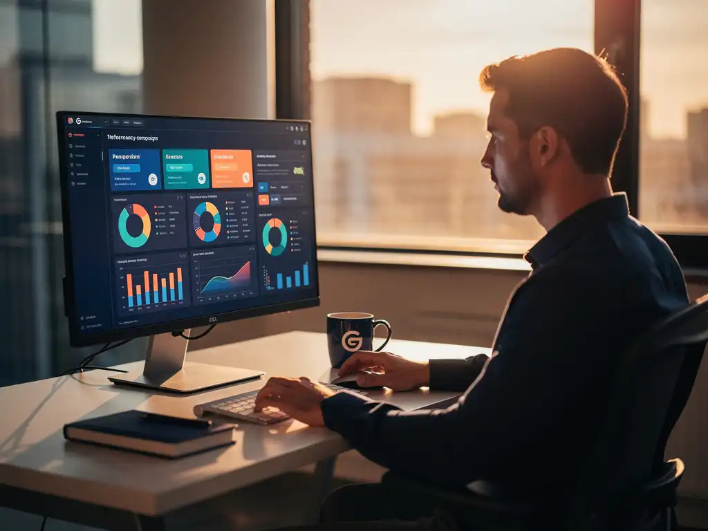Performancemarketer werkt geconcentreerd aan bureau met campagne-dashboards op monitor, gouden avondlicht door kantoorraam.