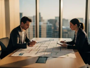 Twee professionals in een Amsterdams kantoor bespreken een pijplijnstrategie, met een uitgebreide pipelinekaart op de vergadertafel.